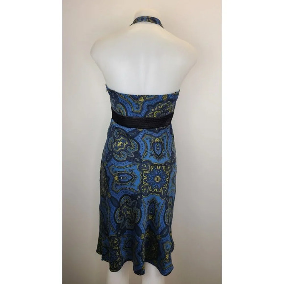 Laundry Shelli Segal 100% Silk Y2K V-neck Midi Halter Dress Blue Gold Regal 6 - Picture 11 of 13